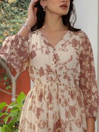Janasya Dark Georgette Floral A-Line Dress | Grocsy