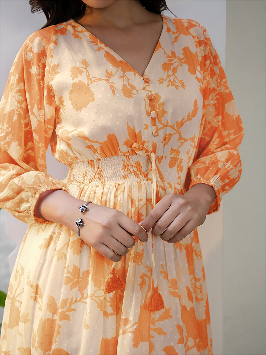Janasya Bright Georgette Floral Fit & Flare Dress | Grocsy