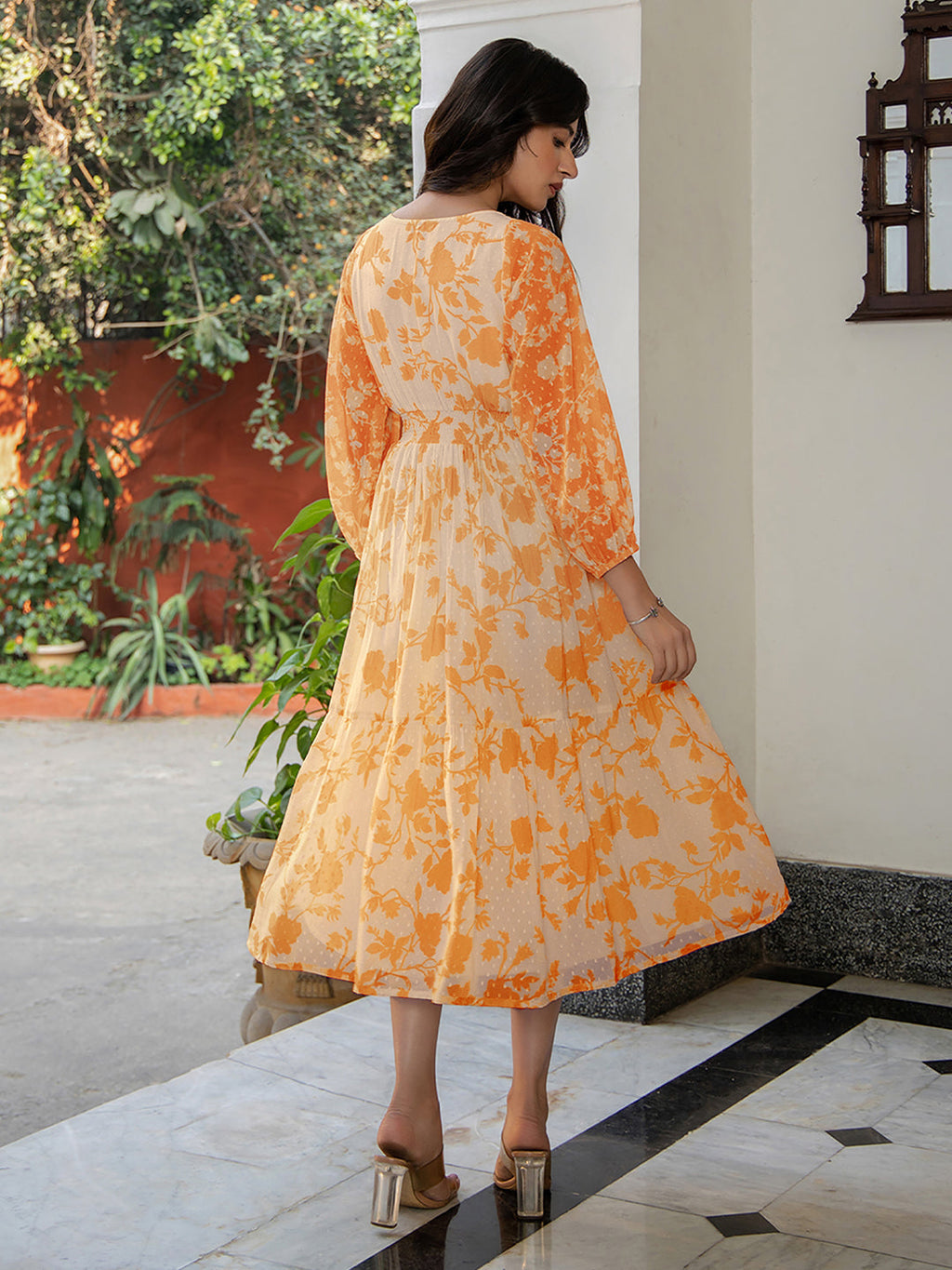 Janasya Bright Georgette Floral Fit & Flare Dress | Grocsy