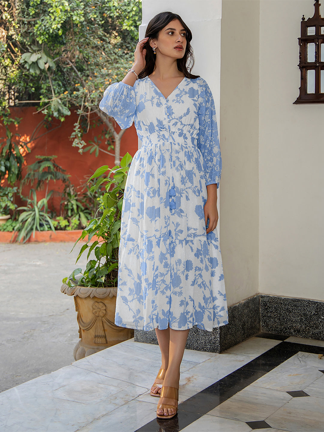 Janasya Light Georgette Floral Fit & Flare Dress | Grocsy
