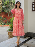 Janasya Bright Georgette Floral Fit & Flare Dress | Grocsy