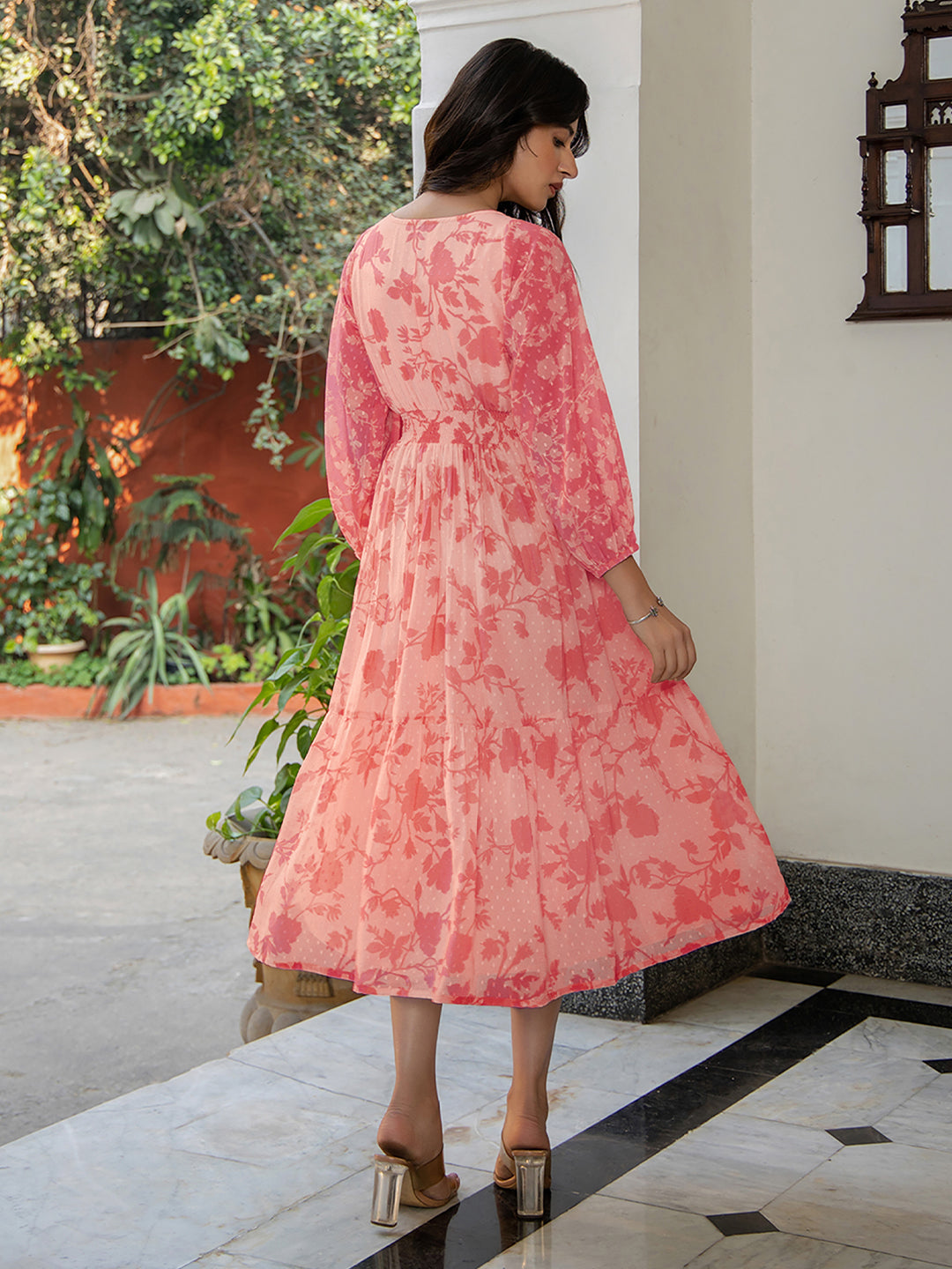 Janasya Bright Georgette Floral Fit & Flare Dress | Grocsy