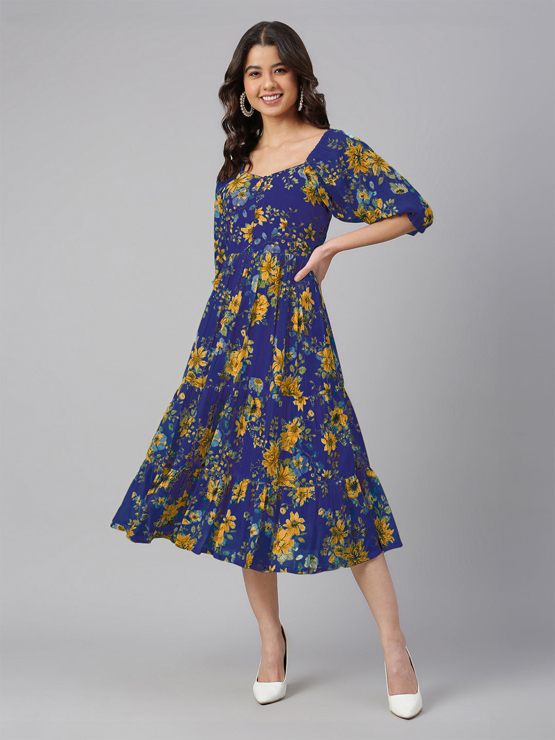 Janasya Bright Georgette Floral Tiered Dress | Grocsy