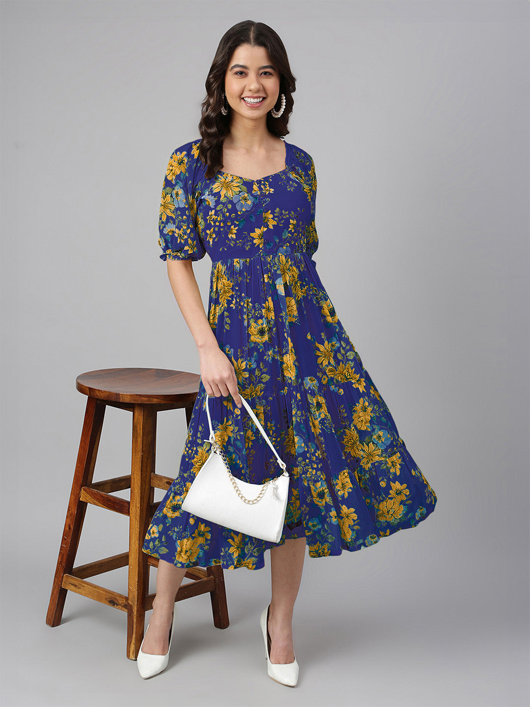 Janasya Bright Georgette Floral Tiered Dress | Grocsy