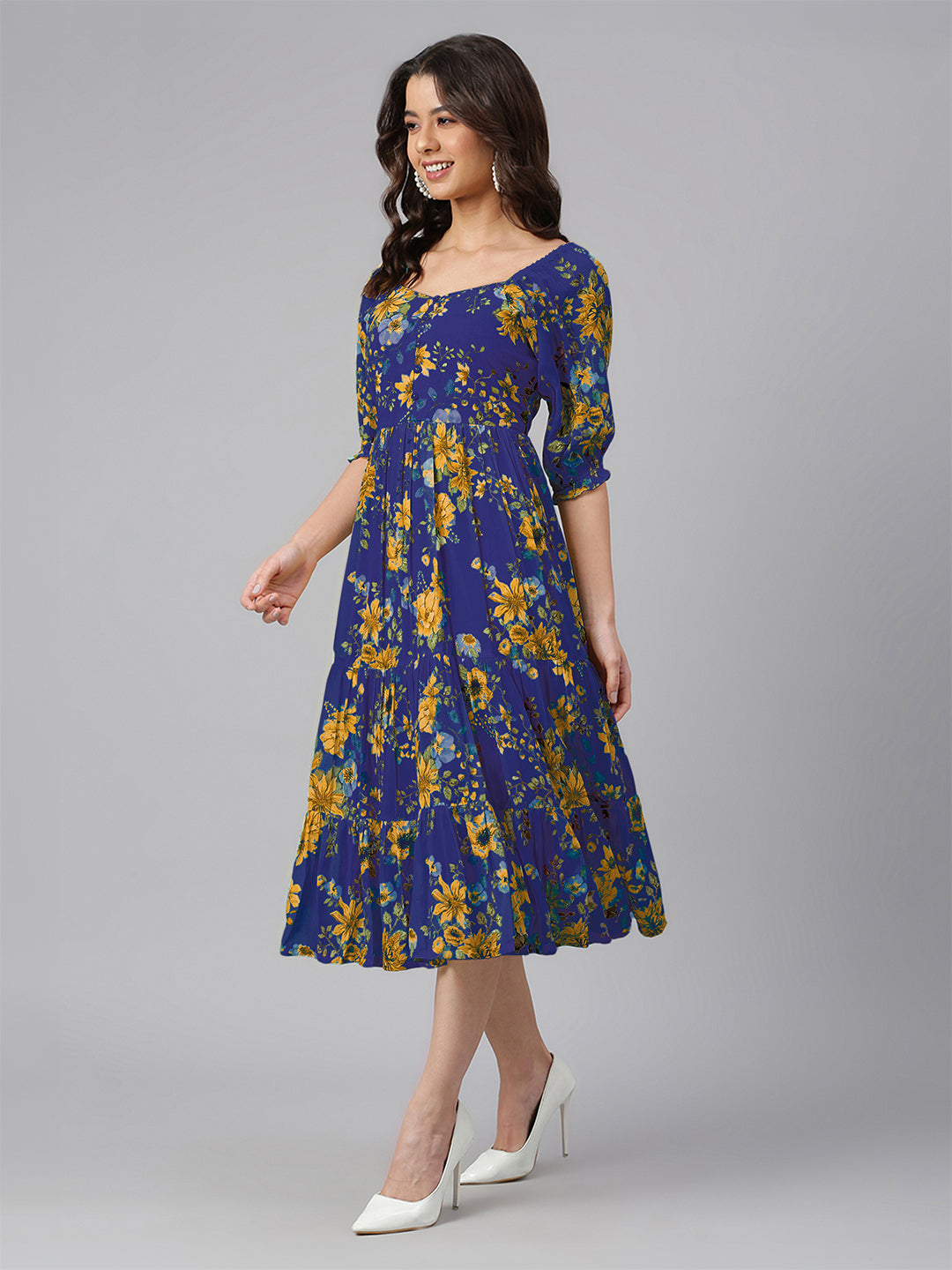 Janasya Bright Georgette Floral Tiered Dress | Grocsy