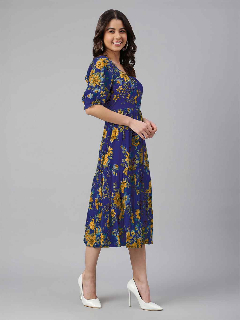 Janasya Bright Georgette Floral Tiered Dress | Grocsy