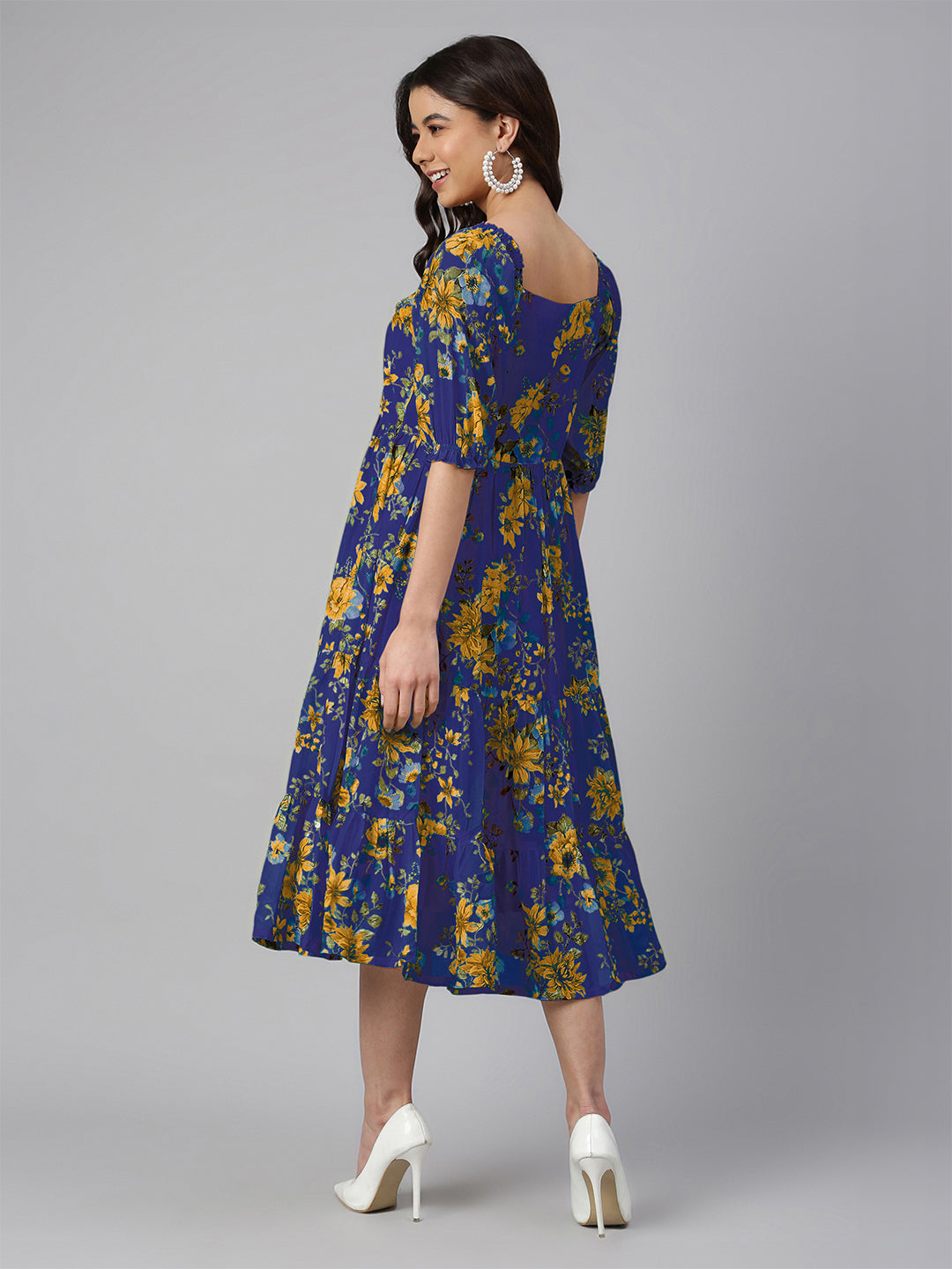Janasya Bright Georgette Floral Tiered Dress | Grocsy