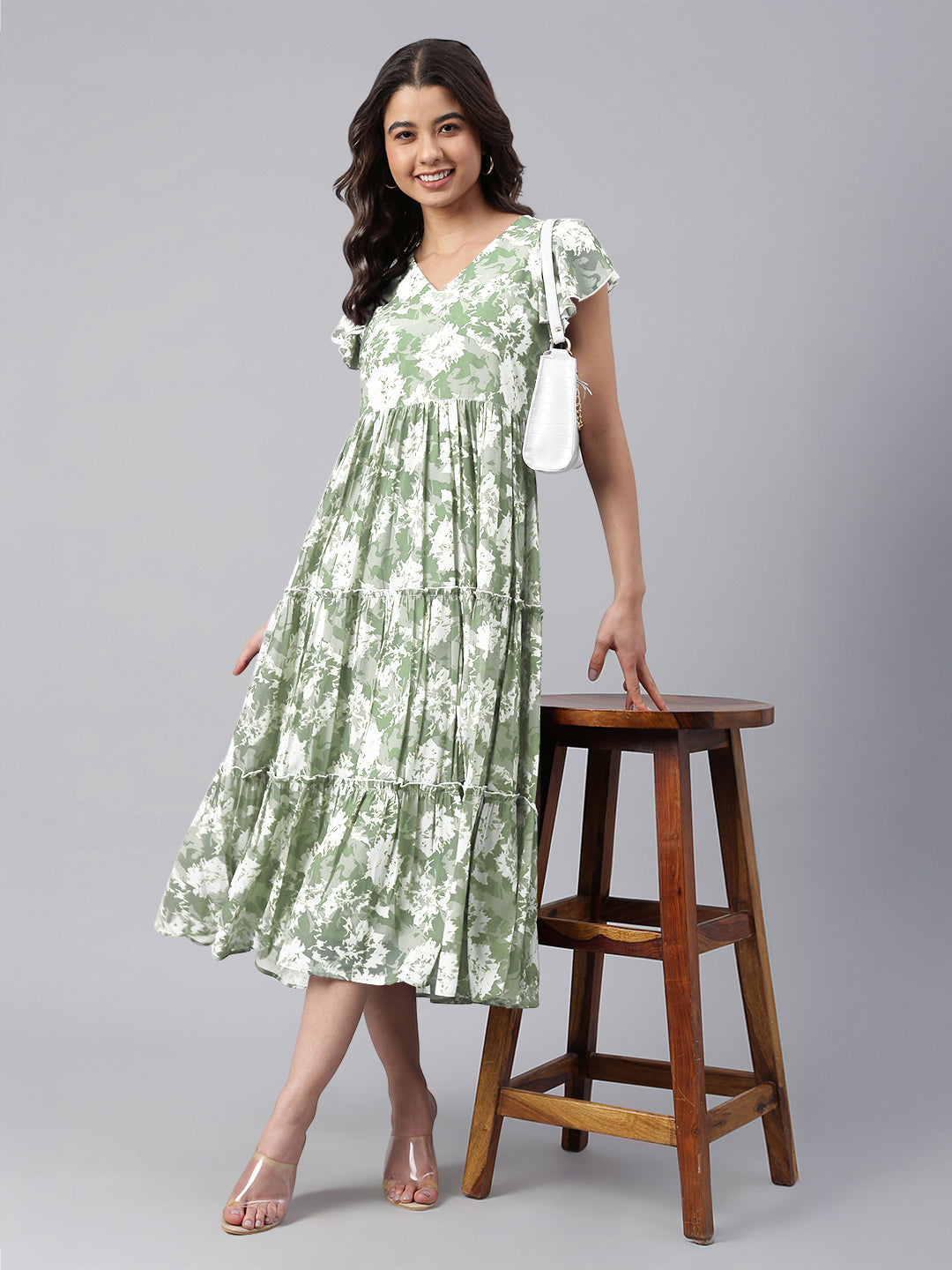 Janasya Dark Georgette Abstract Tiered Dress | Grocsy