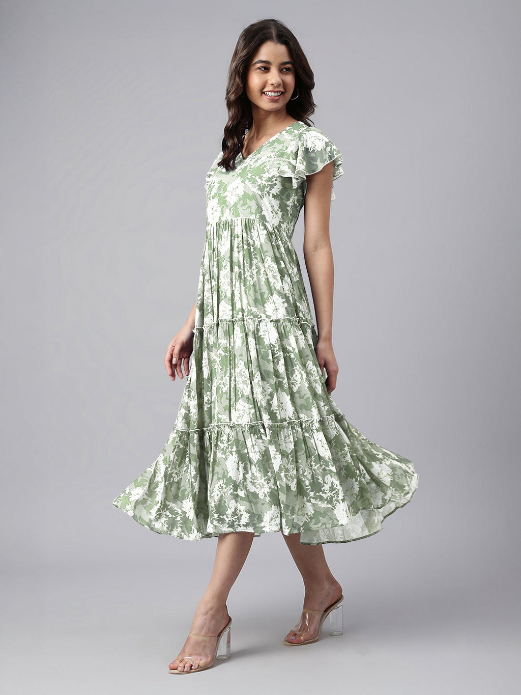 Janasya Dark Georgette Abstract Tiered Dress | Grocsy