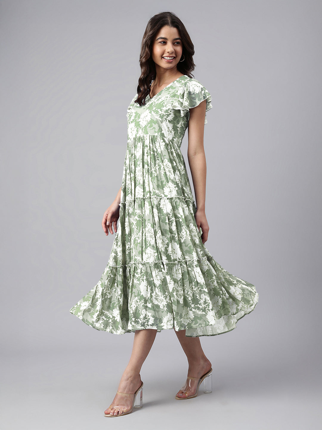 Janasya Dark Georgette Abstract Tiered Dress | Grocsy