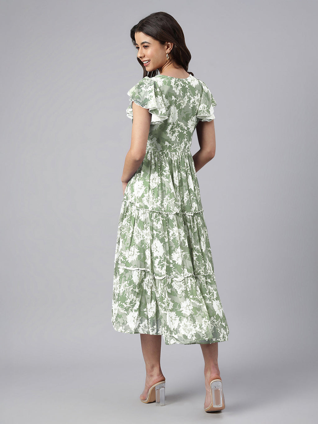 Janasya Dark Georgette Abstract Tiered Dress | Grocsy