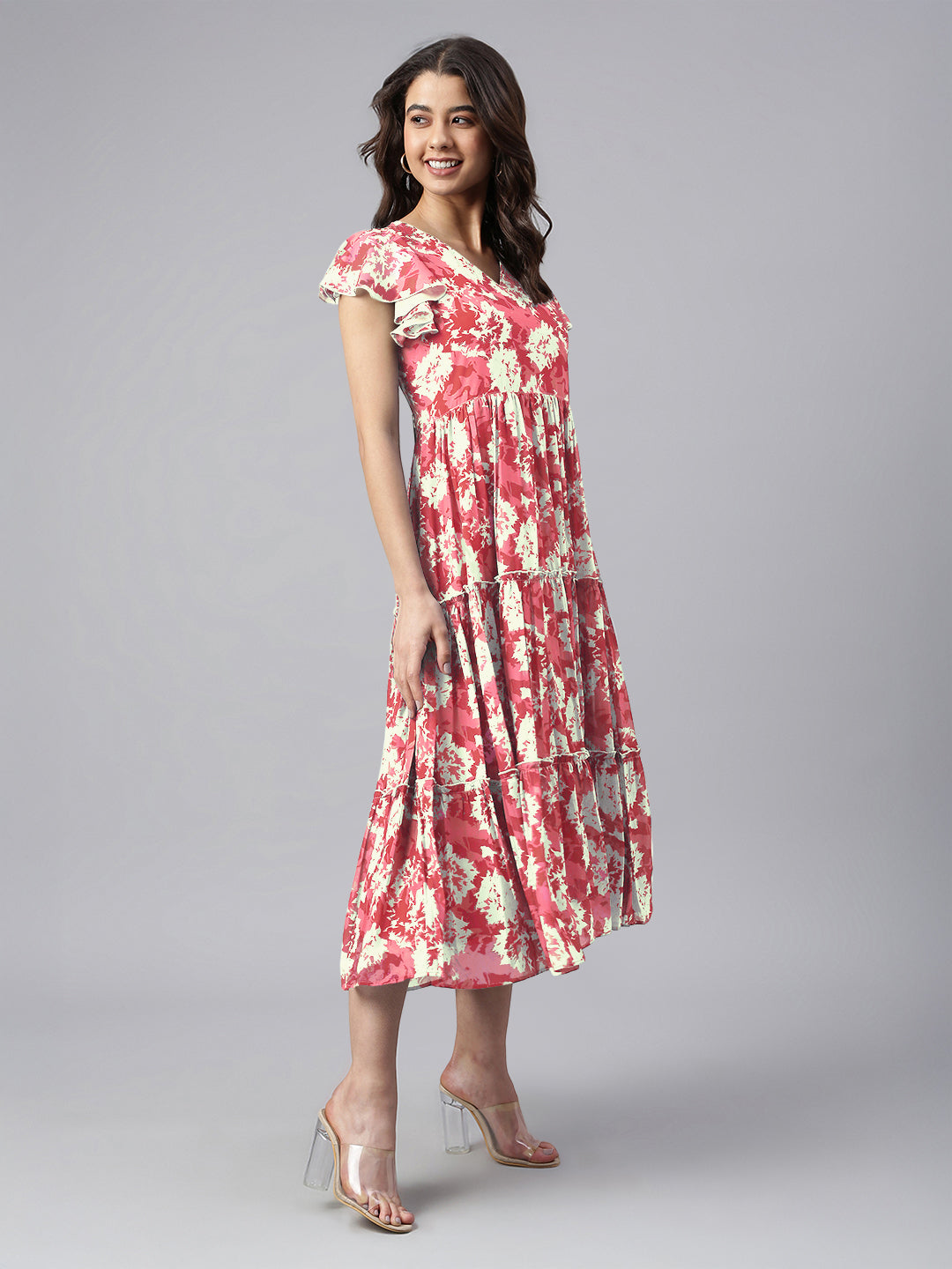 Janasya Dark Georgette Abstract Tiered Dress | Grocsy