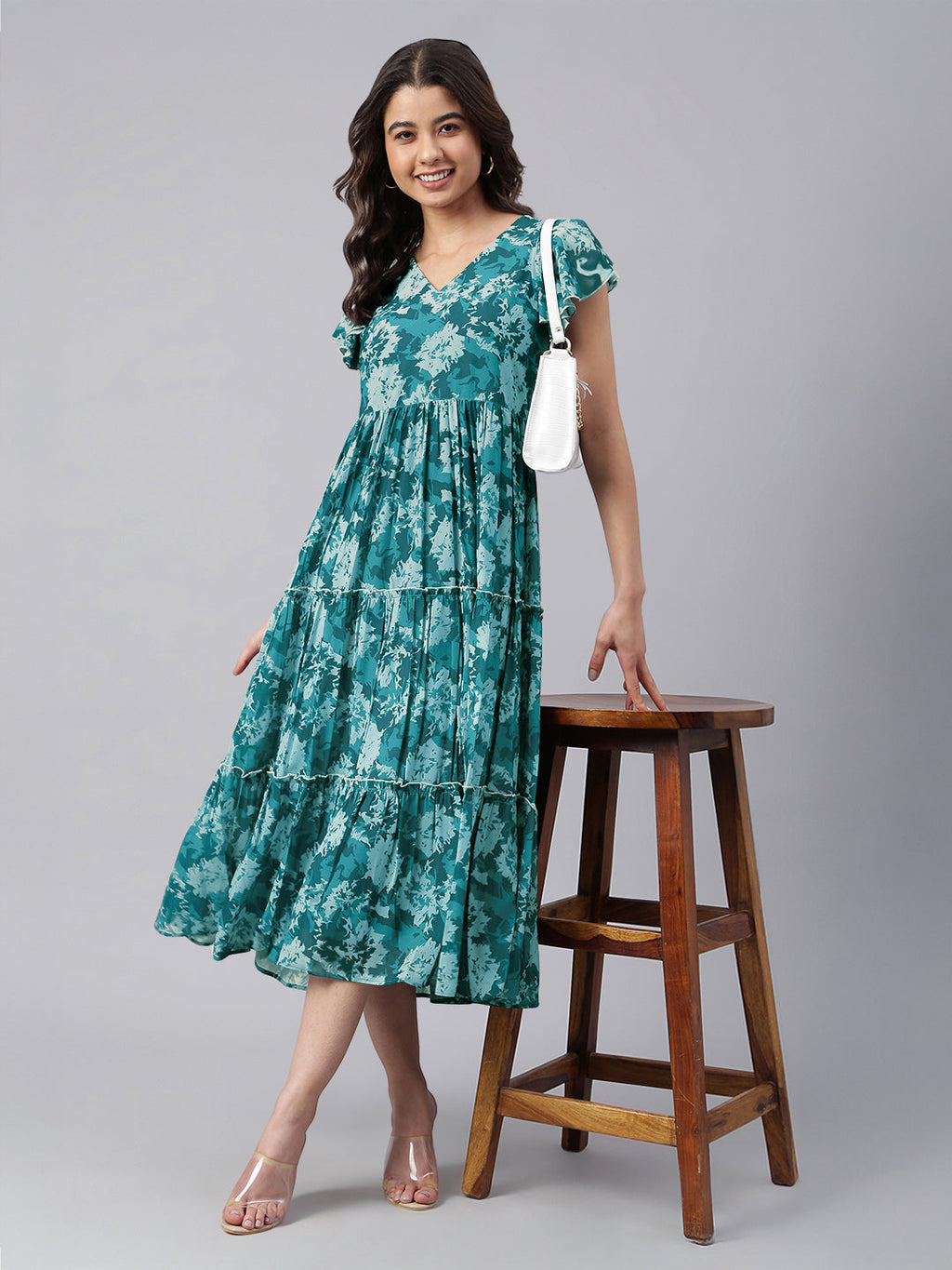 Janasya Dark Georgette Floral Tiered Dress | Grocsy