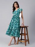 Janasya Dark Georgette Floral Tiered Dress | Grocsy