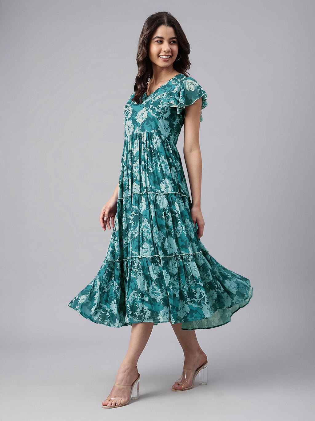 Janasya Dark Georgette Floral Tiered Dress | Grocsy