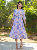 Janasya Dark Georgette Floral A-Line Dress | Grocsy
