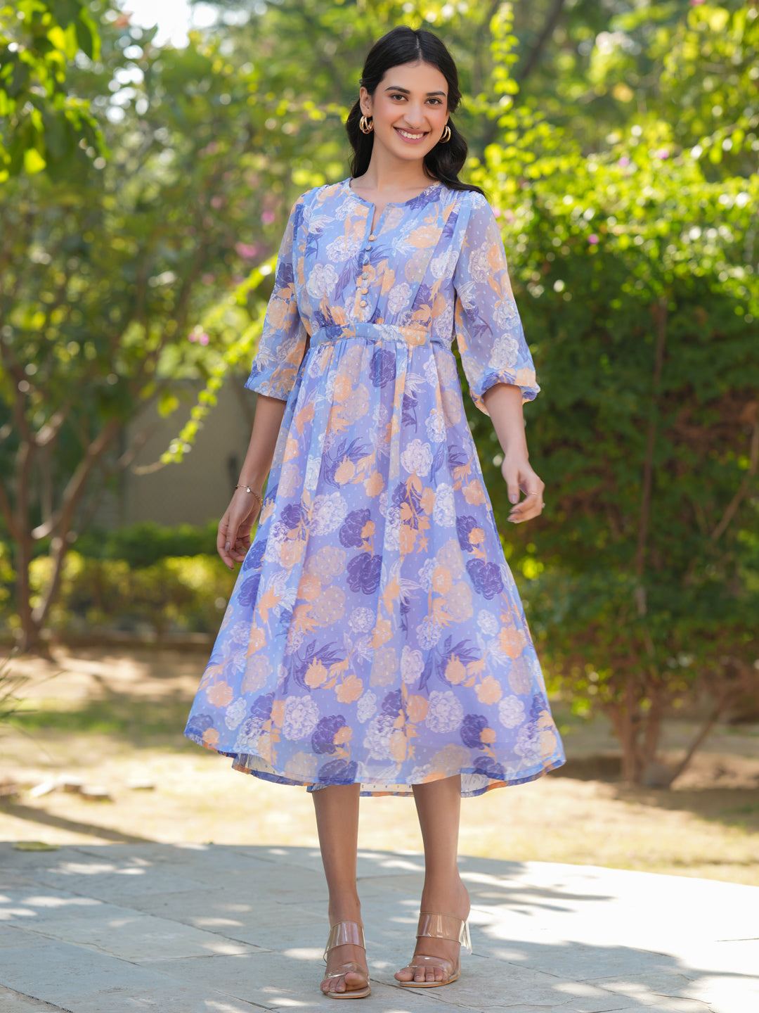 Janasya Dark Georgette Floral A-Line Dress | Grocsy