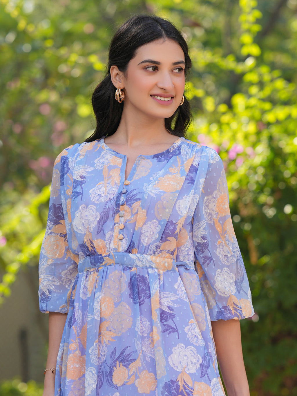 Janasya Dark Georgette Floral A-Line Dress | Grocsy