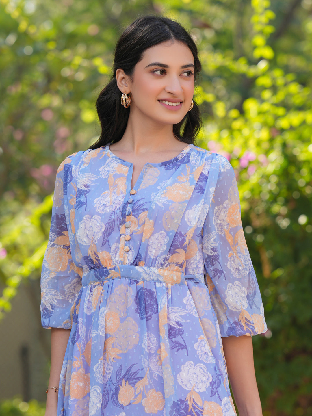 Janasya Dark Georgette Floral A-Line Dress | Grocsy