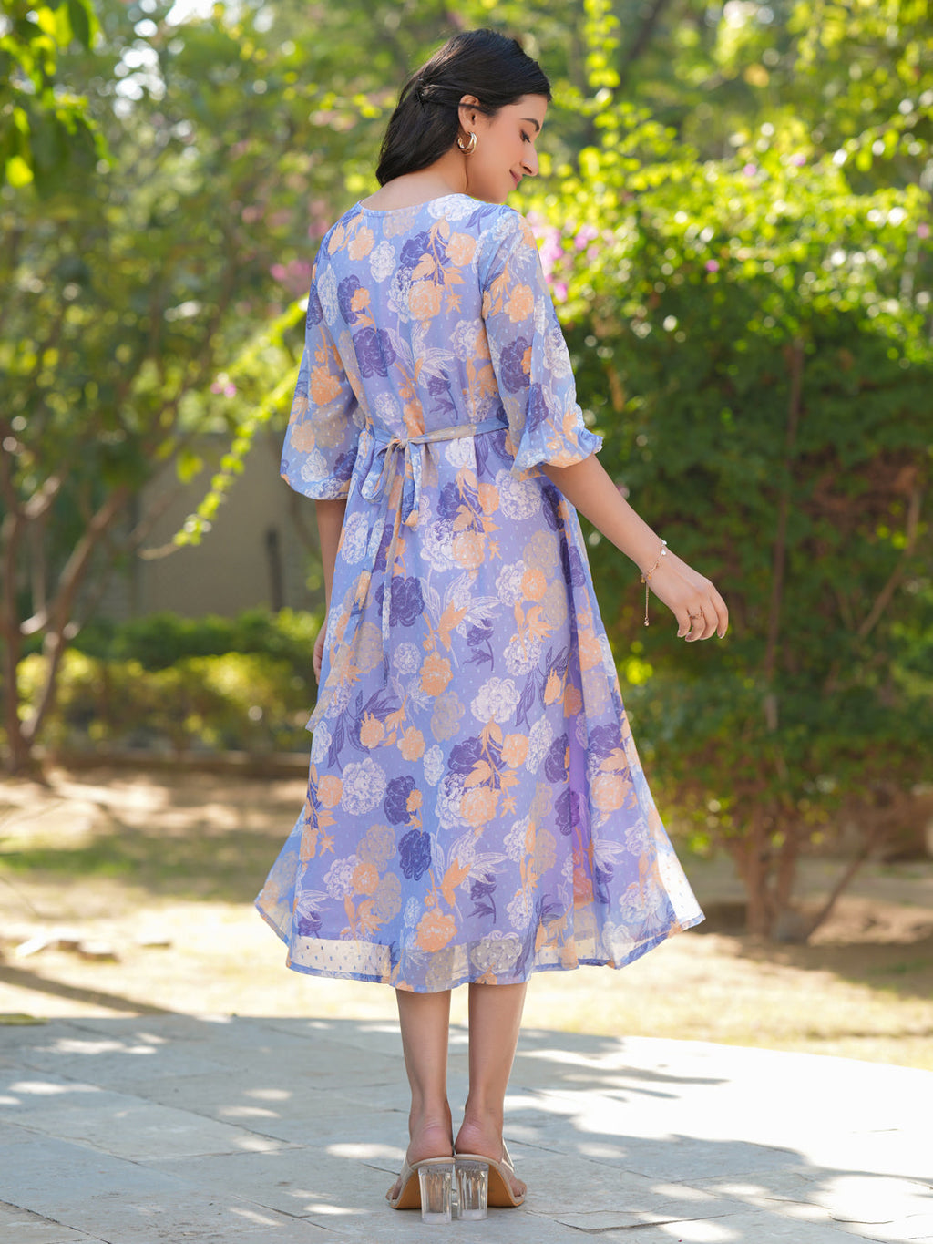 Janasya Dark Georgette Floral A-Line Dress | Grocsy