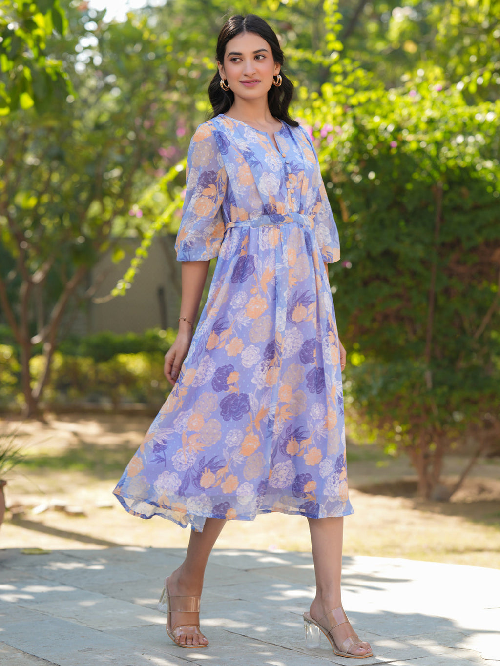 Janasya Dark Georgette Floral A-Line Dress | Grocsy