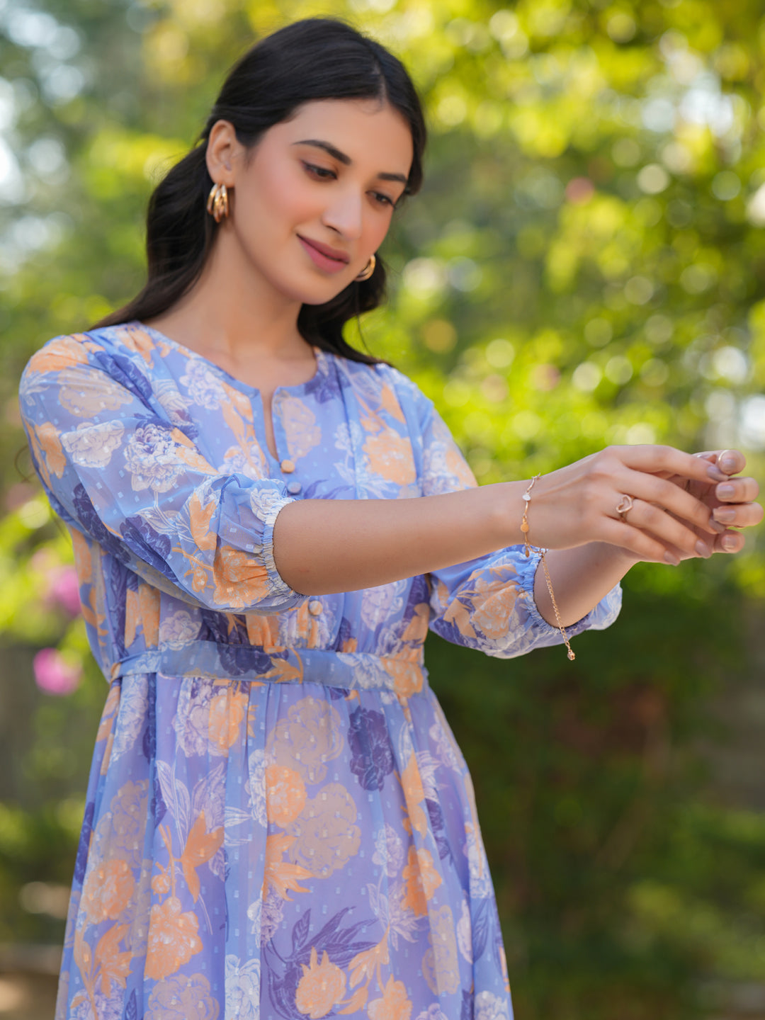 Janasya Dark Georgette Floral A-Line Dress | Grocsy