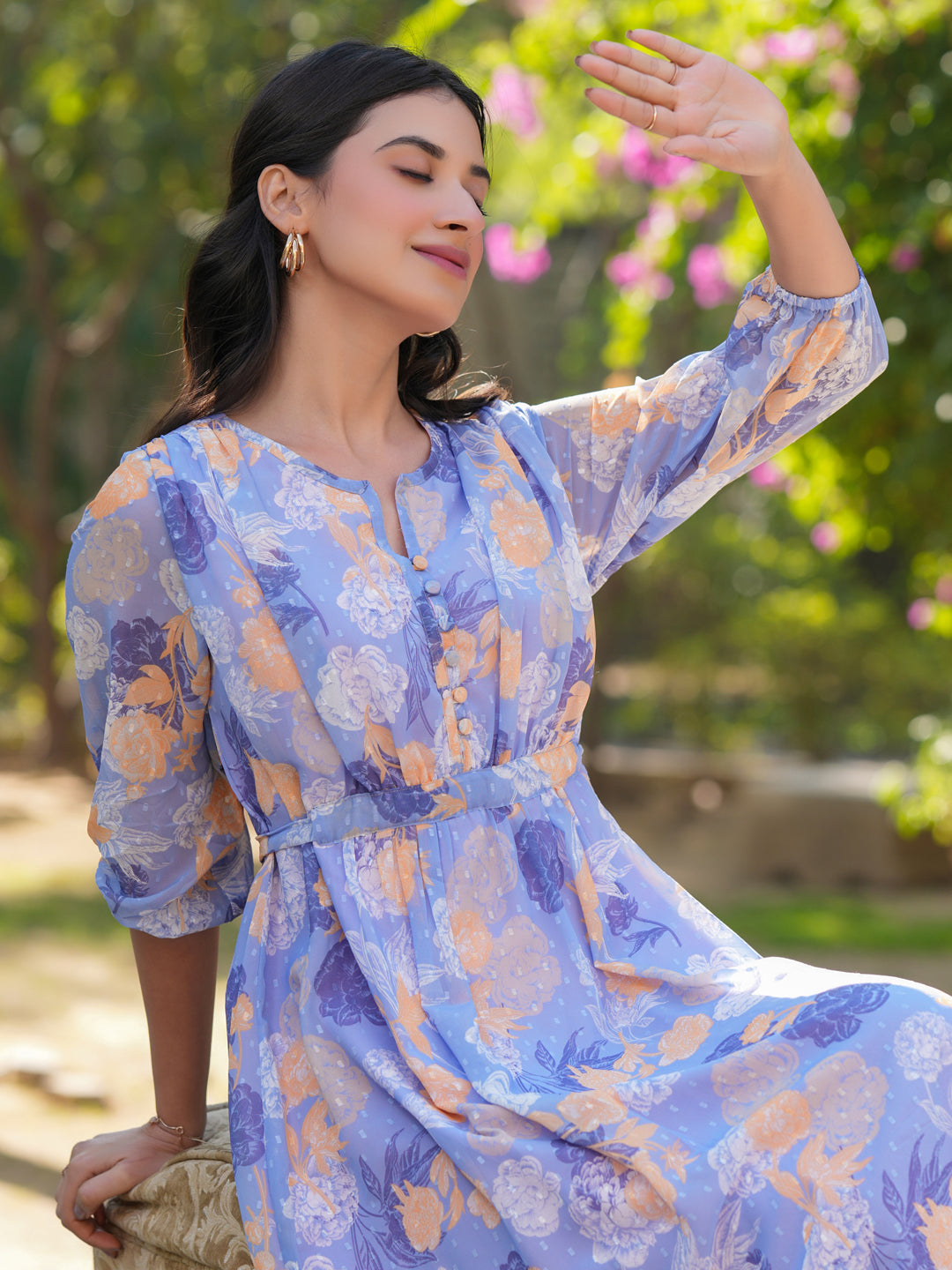 Janasya Dark Georgette Floral A-Line Dress | Grocsy