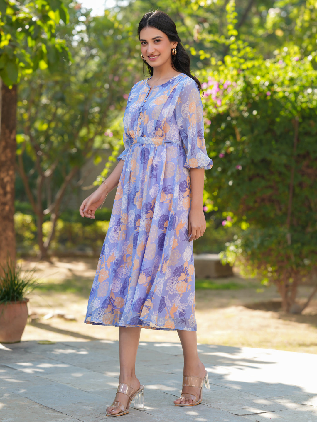 Janasya Dark Georgette Floral A-Line Dress | Grocsy