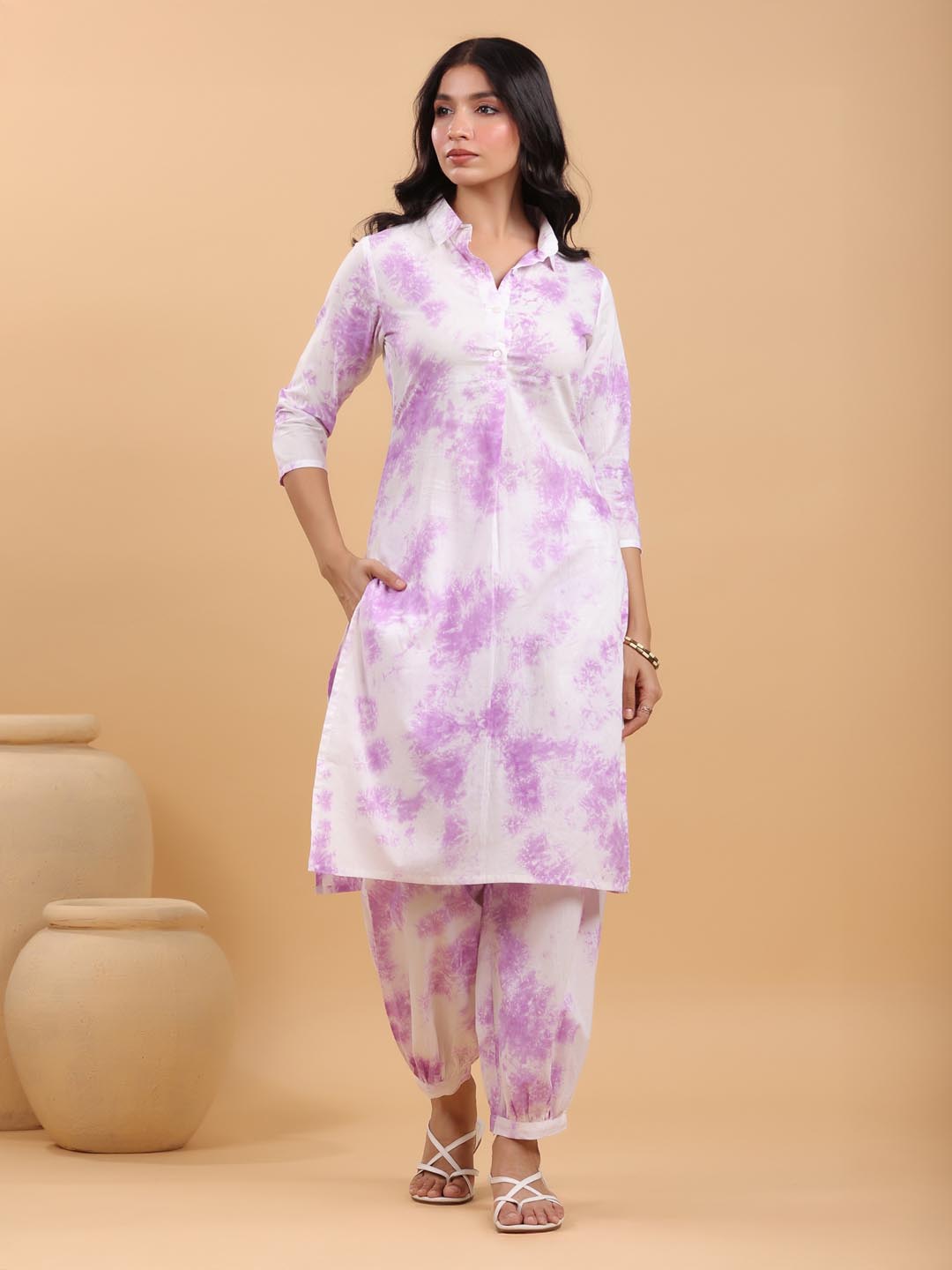 Janasya Bright Cotton Tie & dye Straight Kurta Set | Grocsy