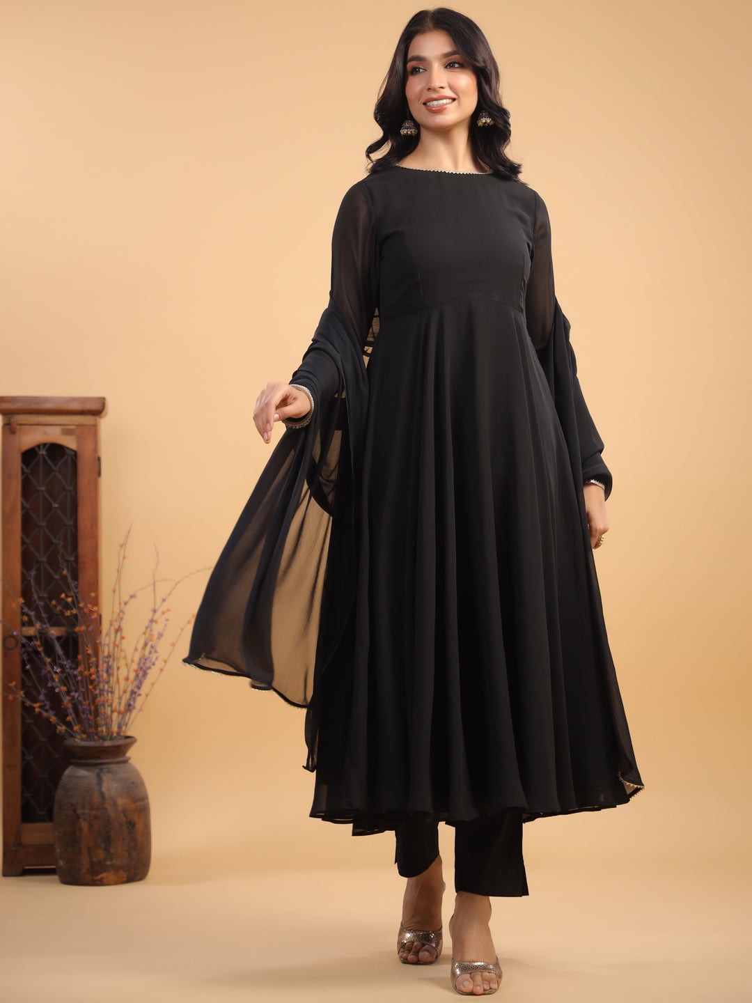 Janasya Dark Georgette Solid Anarkali Kurta Set | Grocsy