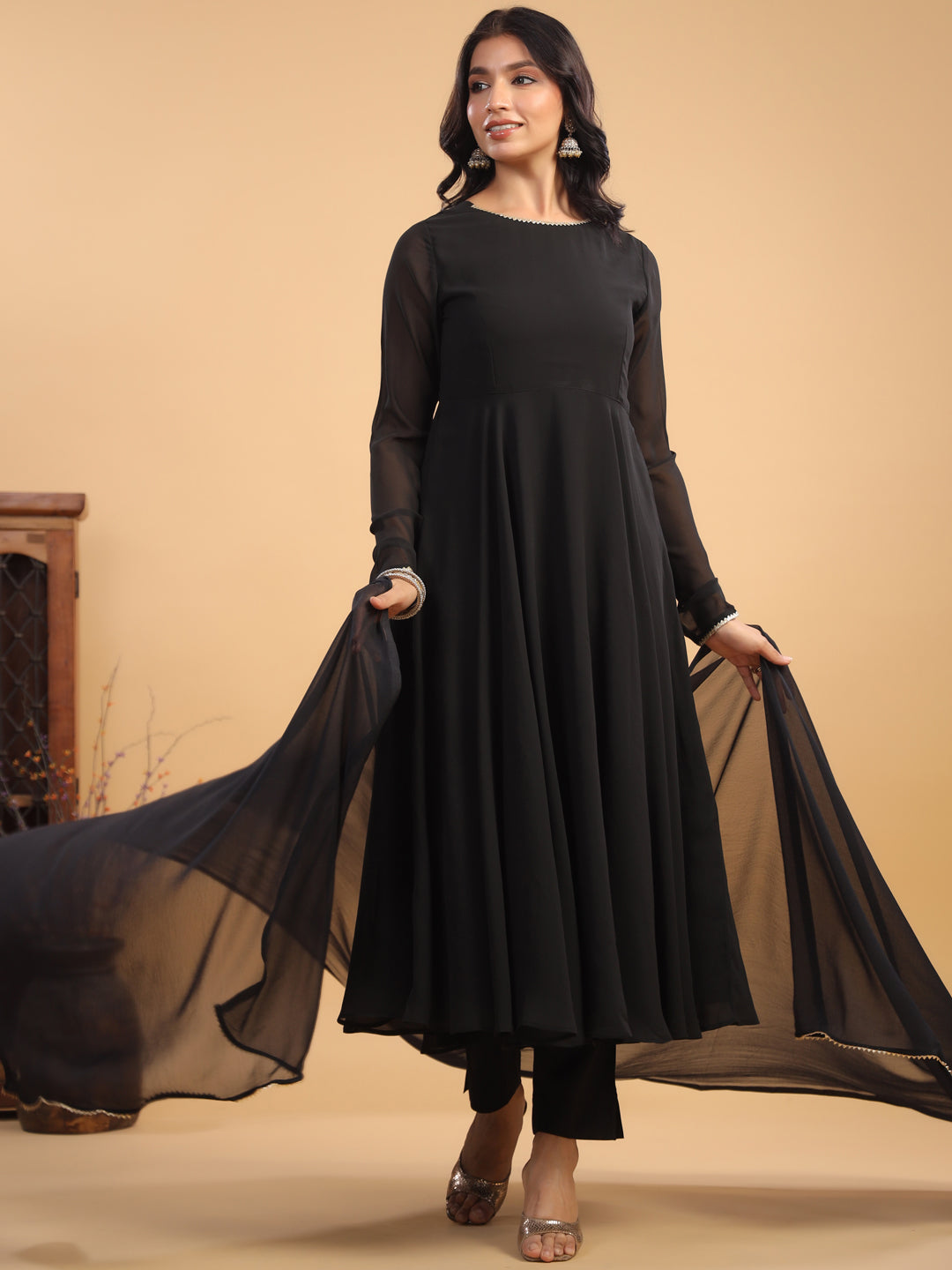 Janasya Dark Georgette Solid Anarkali Kurta Set | Grocsy