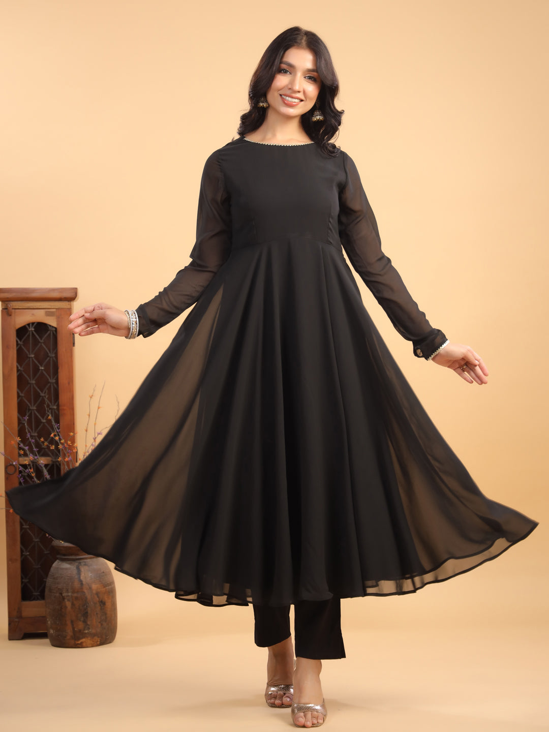 Janasya Dark Georgette Solid Anarkali Kurta Set | Grocsy