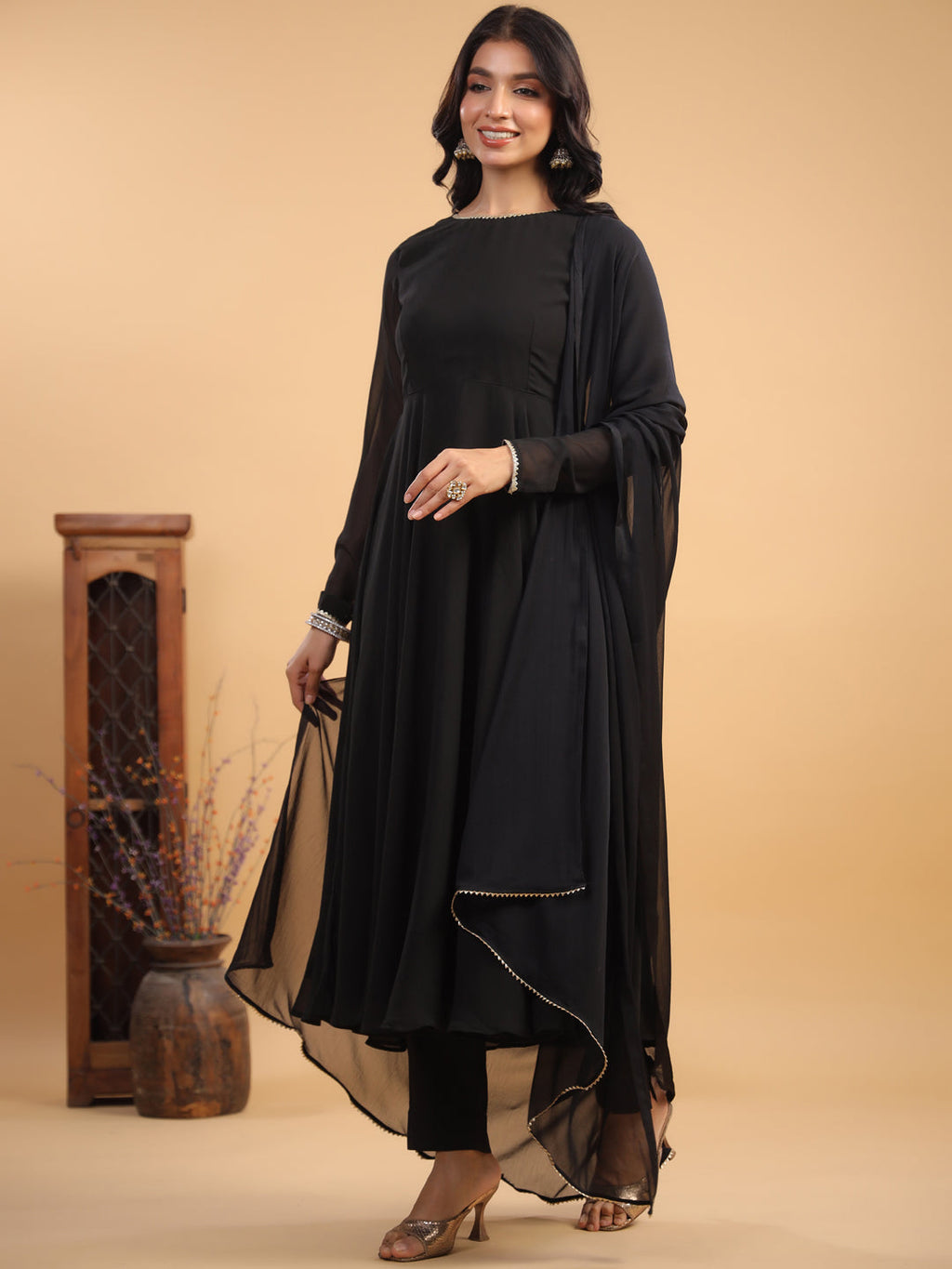 Janasya Dark Georgette Solid Anarkali Kurta Set | Grocsy