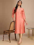 Janasya Peach Crepe Silk Solid Straight Kurta | Grocsy