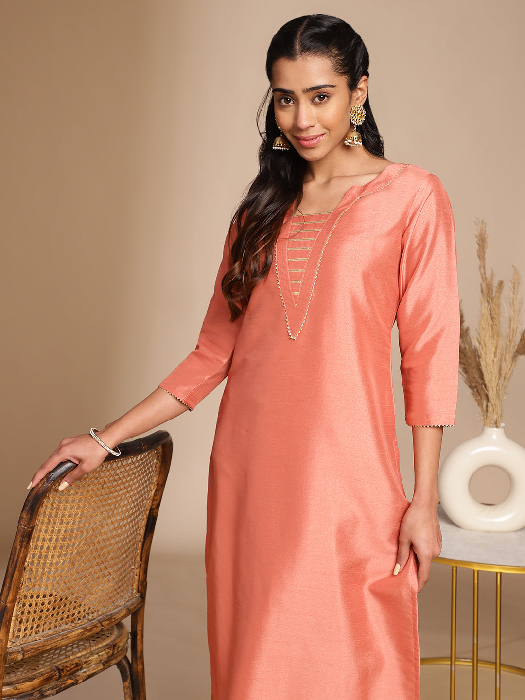 Janasya Peach Crepe Silk Solid Straight Kurta | Grocsy