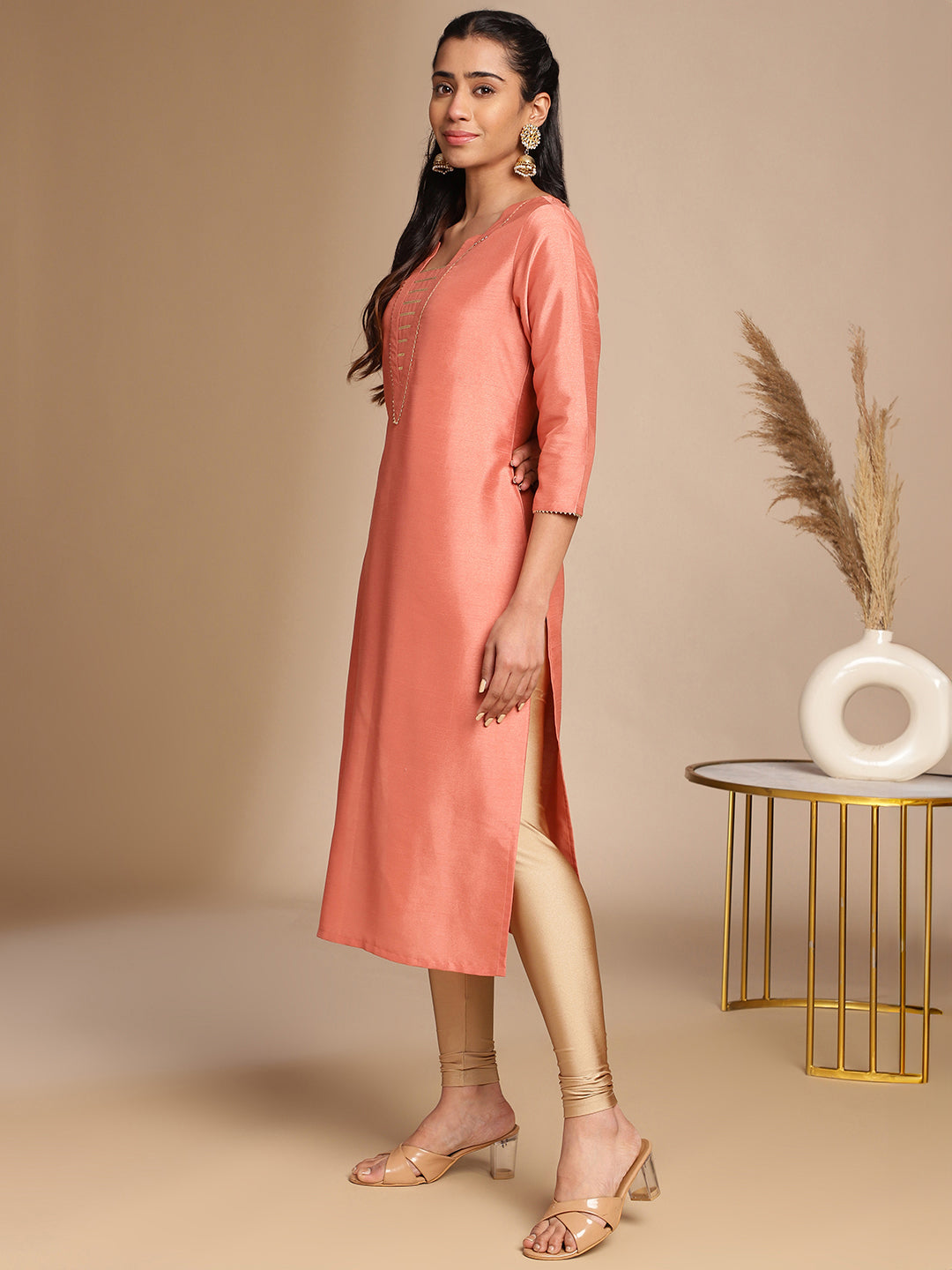 Janasya Peach Crepe Silk Solid Straight Kurta | Grocsy