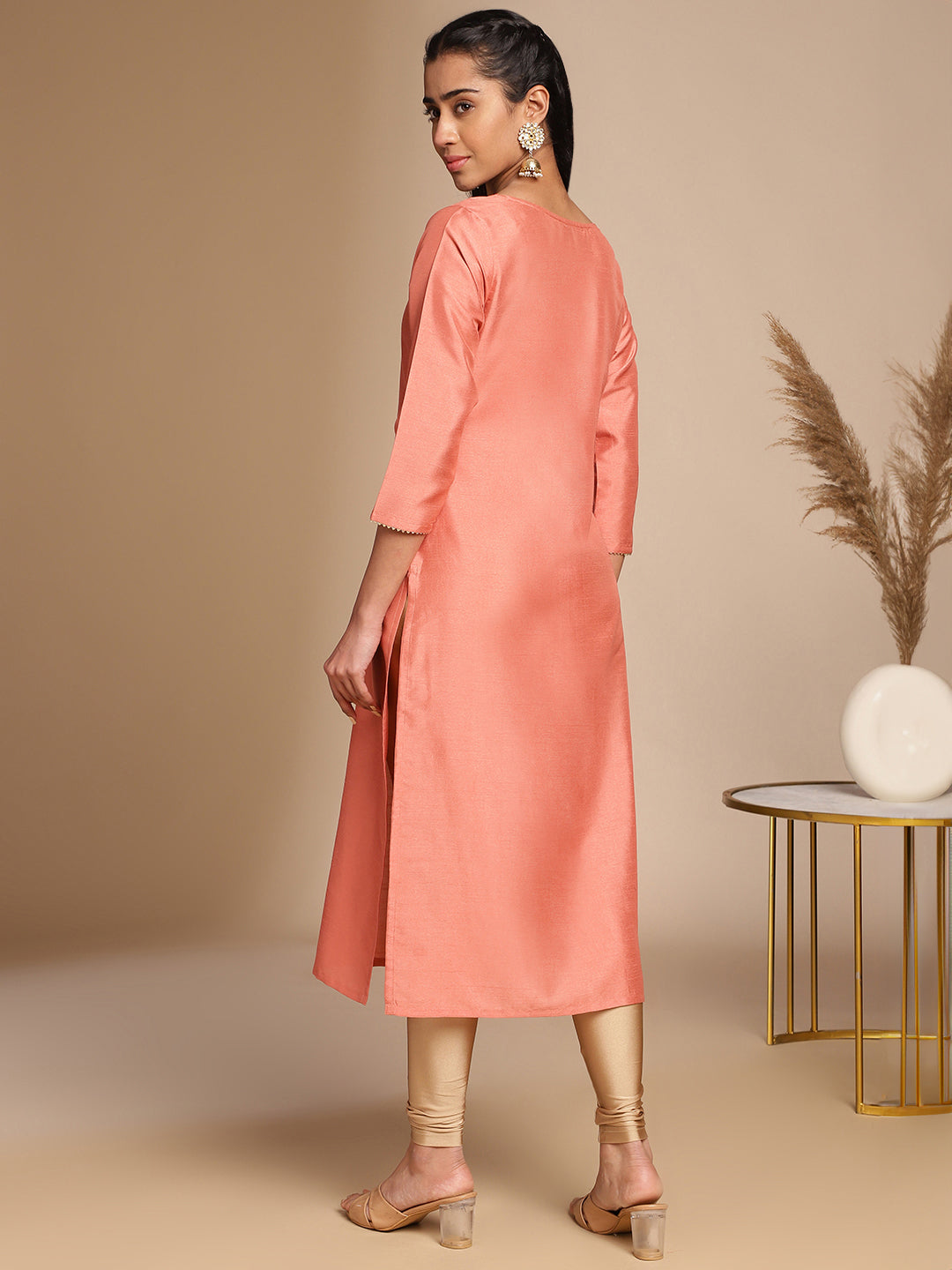 Janasya Peach Crepe Silk Solid Straight Kurta | Grocsy