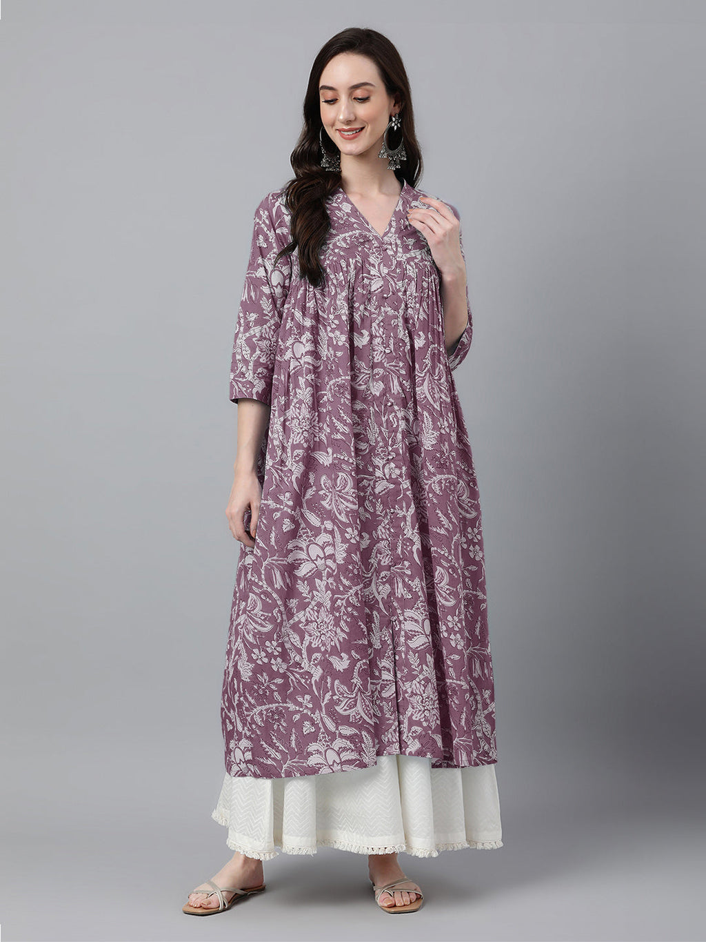 Janasya Light Cotton Floral Flared Kurta | Grocsy