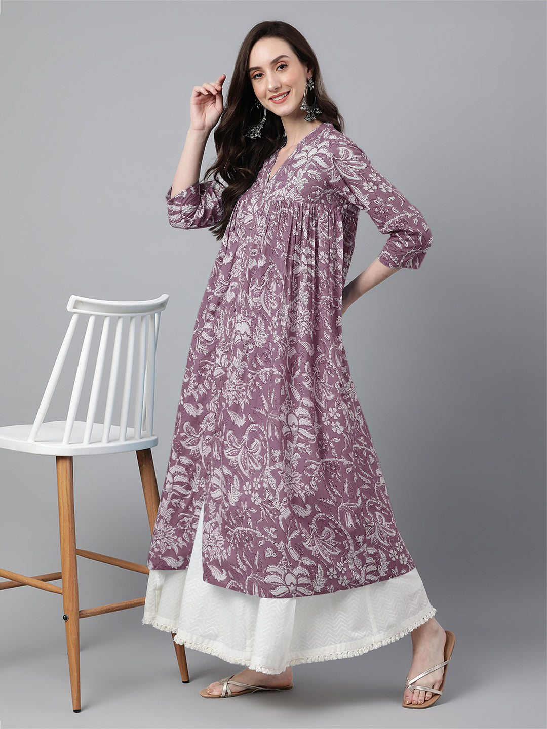 Janasya Light Cotton Floral Flared Kurta | Grocsy