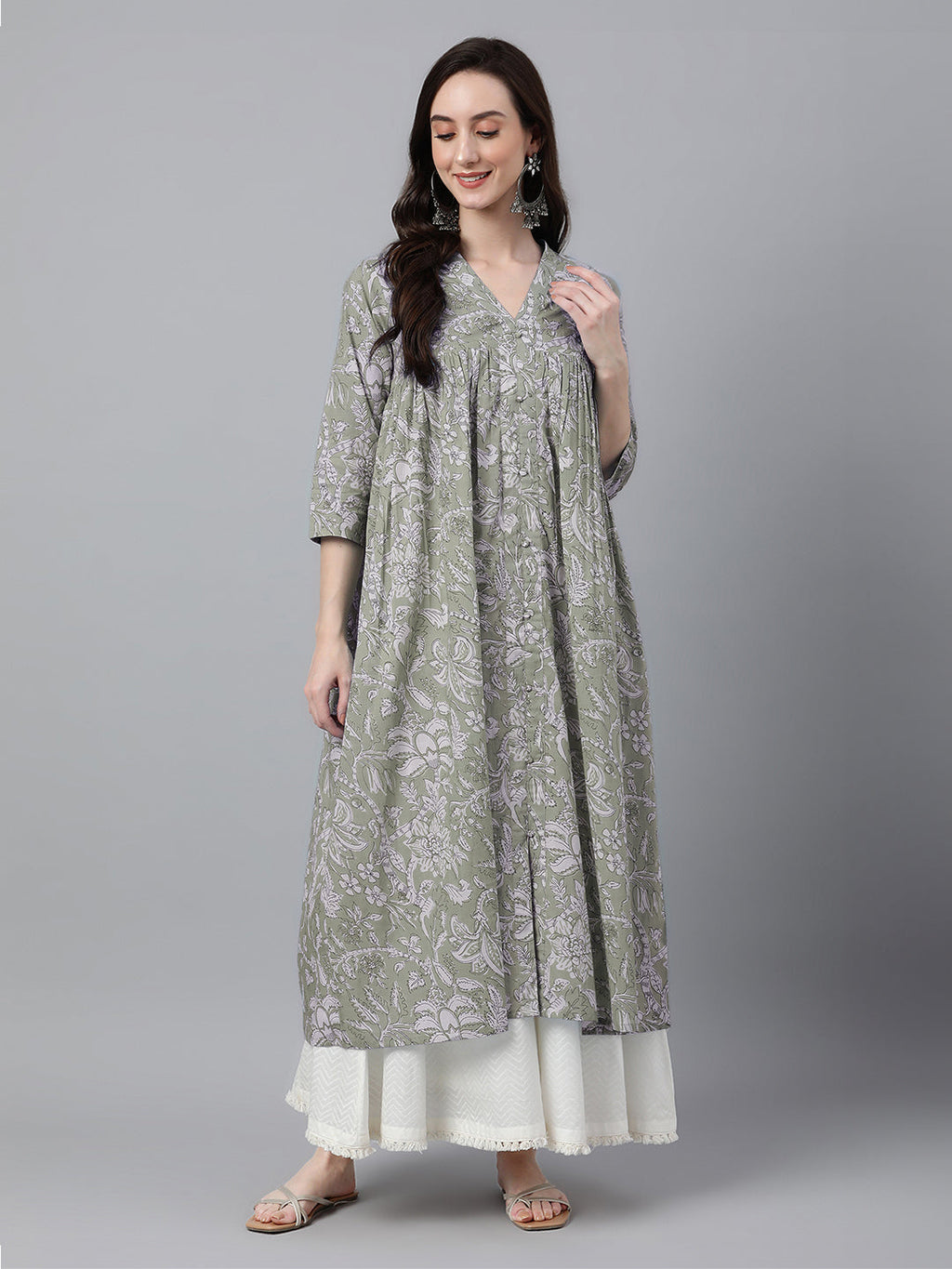 Janasya Light Cotton Floral Flared Kurta | Grocsy