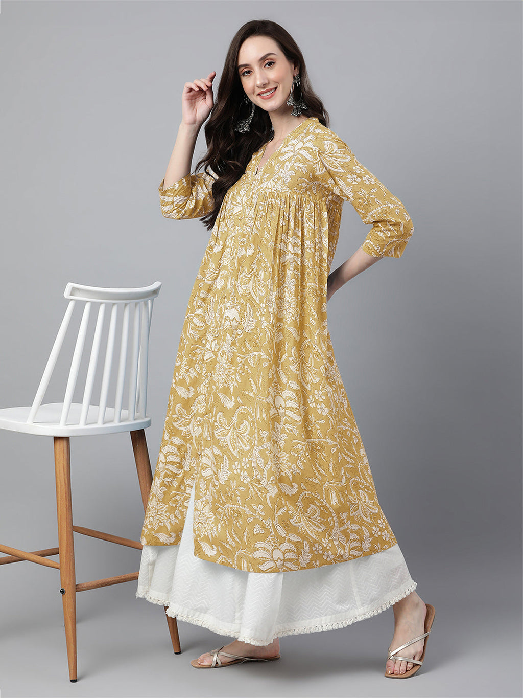 Janasya Light Cotton Floral Flared Kurta | Grocsy