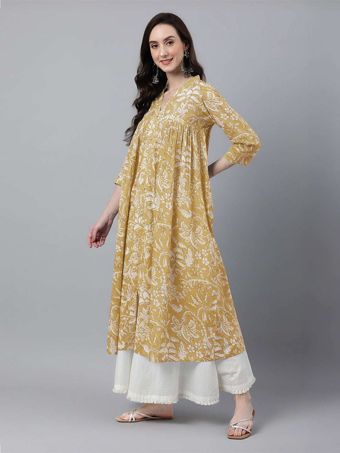 Janasya Light Cotton Floral Flared Kurta | Grocsy