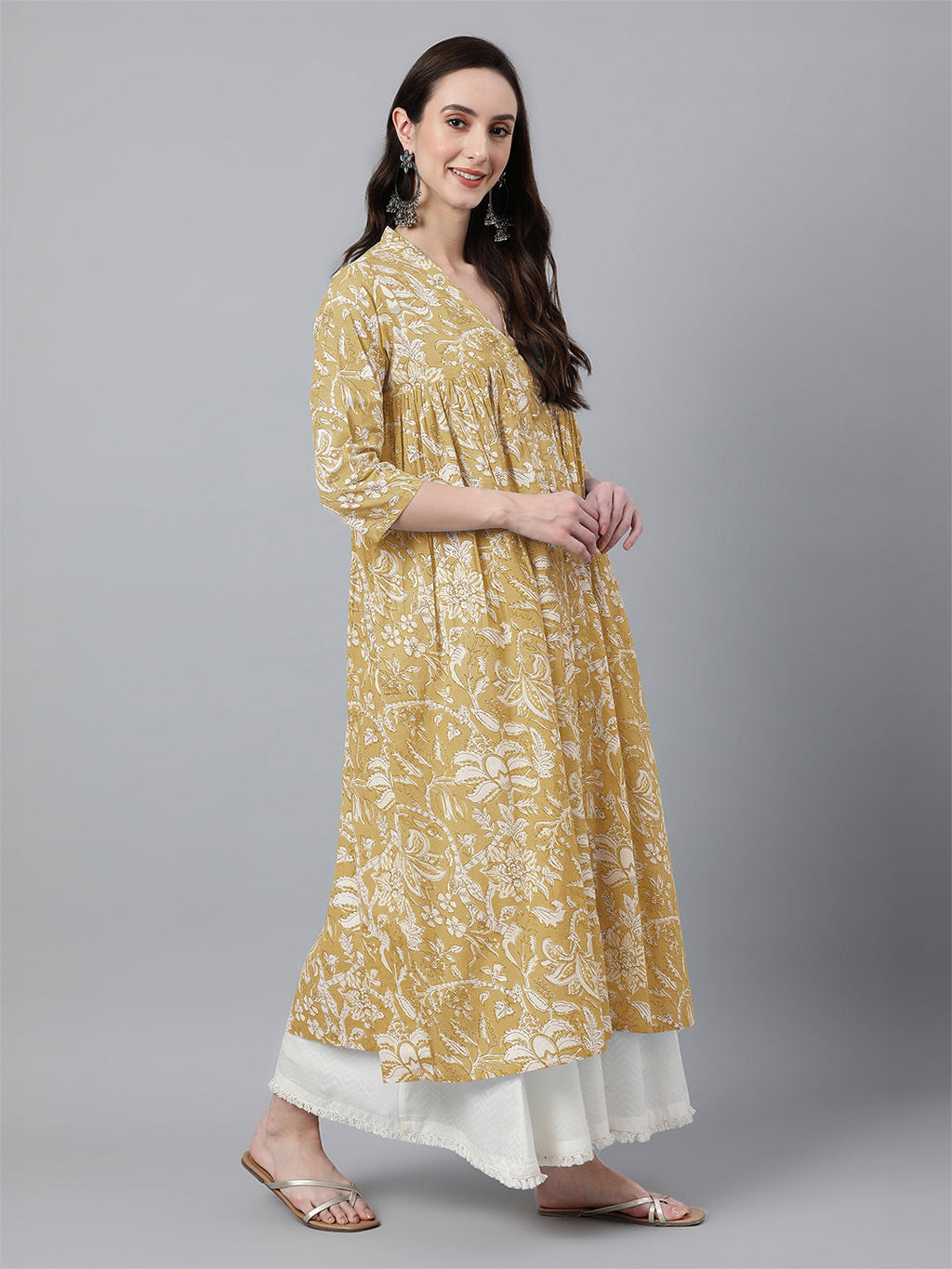 Janasya Light Cotton Floral Flared Kurta | Grocsy