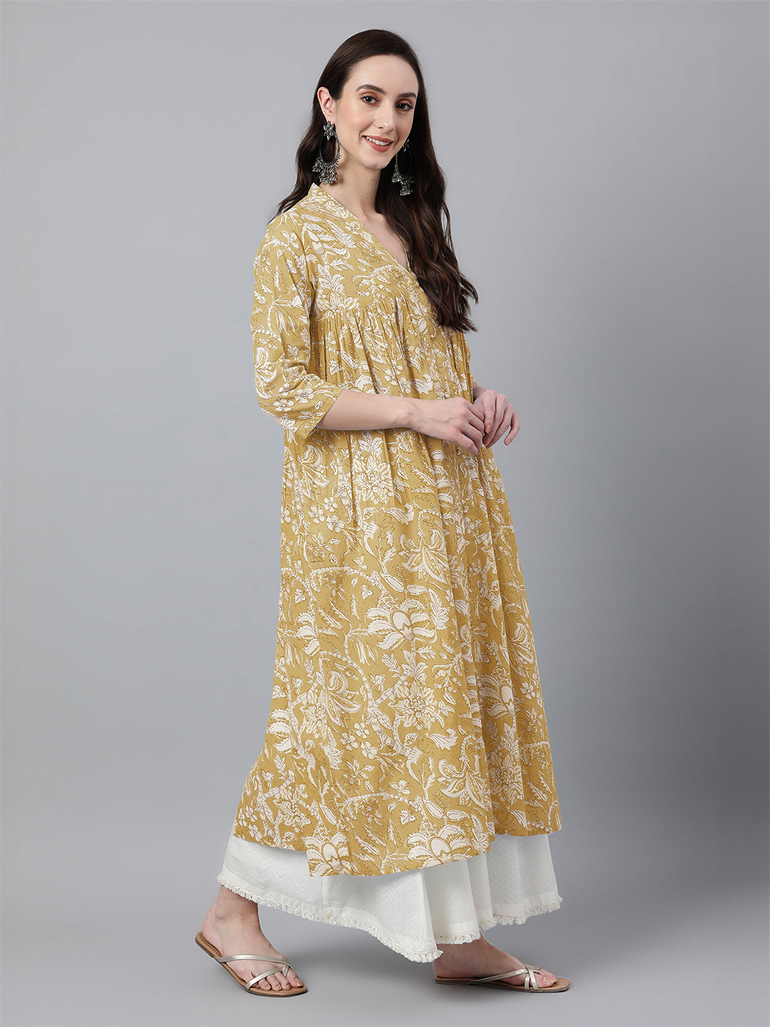 Janasya Light Cotton Floral Flared Kurta | Grocsy