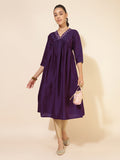 Janasya Dark Silk Blend Yoke Embroidery A-Line Kurta | Grocsy