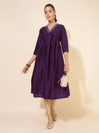 Janasya Dark Silk Blend Yoke Embroidery A-Line Kurta | Grocsy