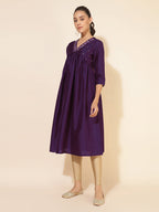 Janasya Dark Silk Blend Yoke Embroidery A-Line Kurta | Grocsy