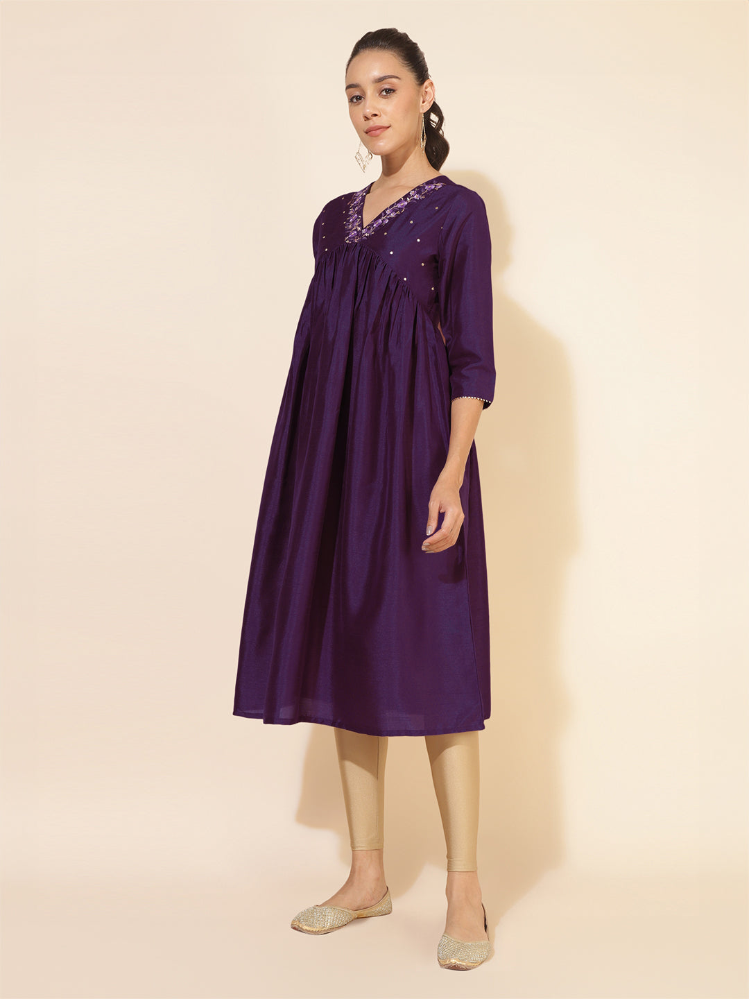 Janasya Dark Silk Blend Yoke Embroidery A-Line Kurta | Grocsy