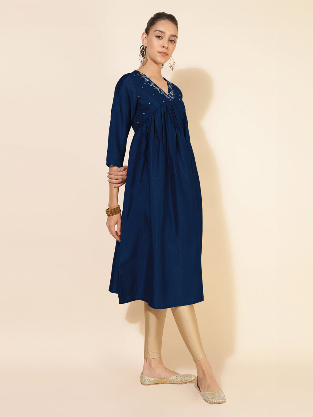 Janasya Dark Silk Blend Yoke Embroidery A-Line Kurta | Grocsy