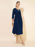Janasya Dark Silk Blend Yoke Embroidery A-Line Kurta | Grocsy